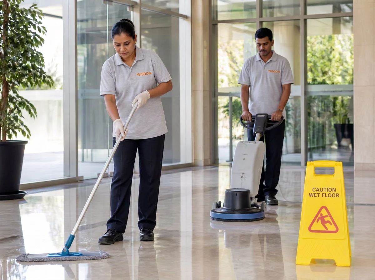 WISDOM facility staff cleaning a marble floor with a mop and a floor scrubbing machine