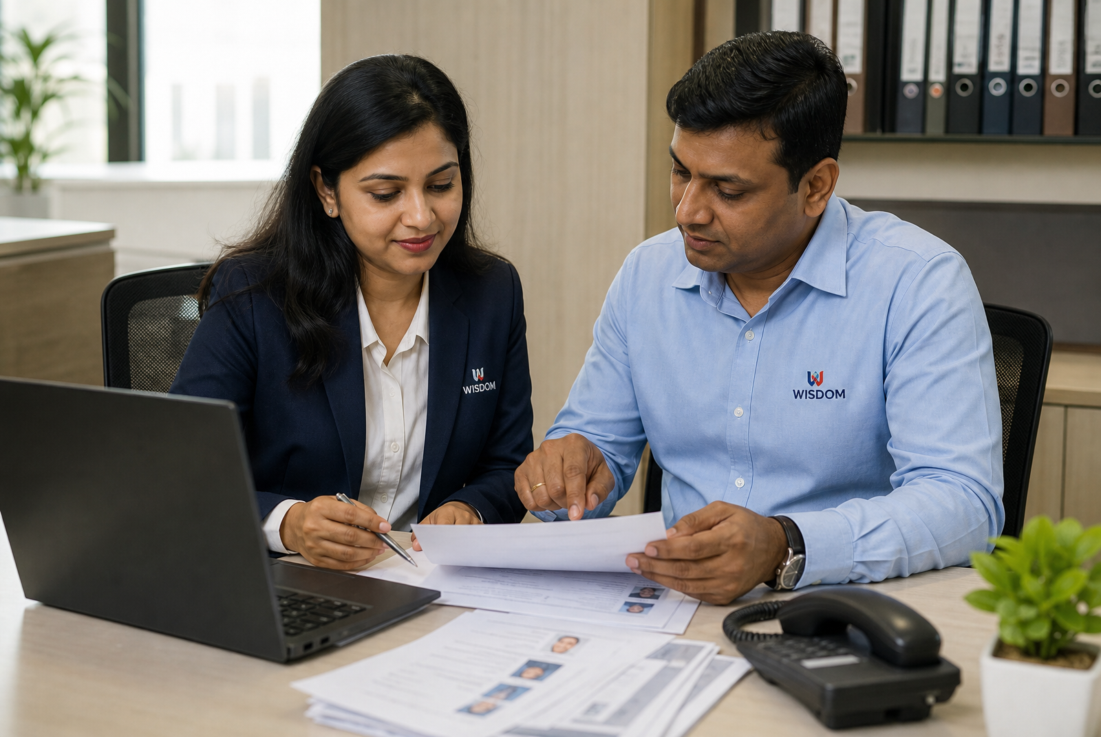 Two WISDOM professionals discussing candidate documents during an HR support meeting