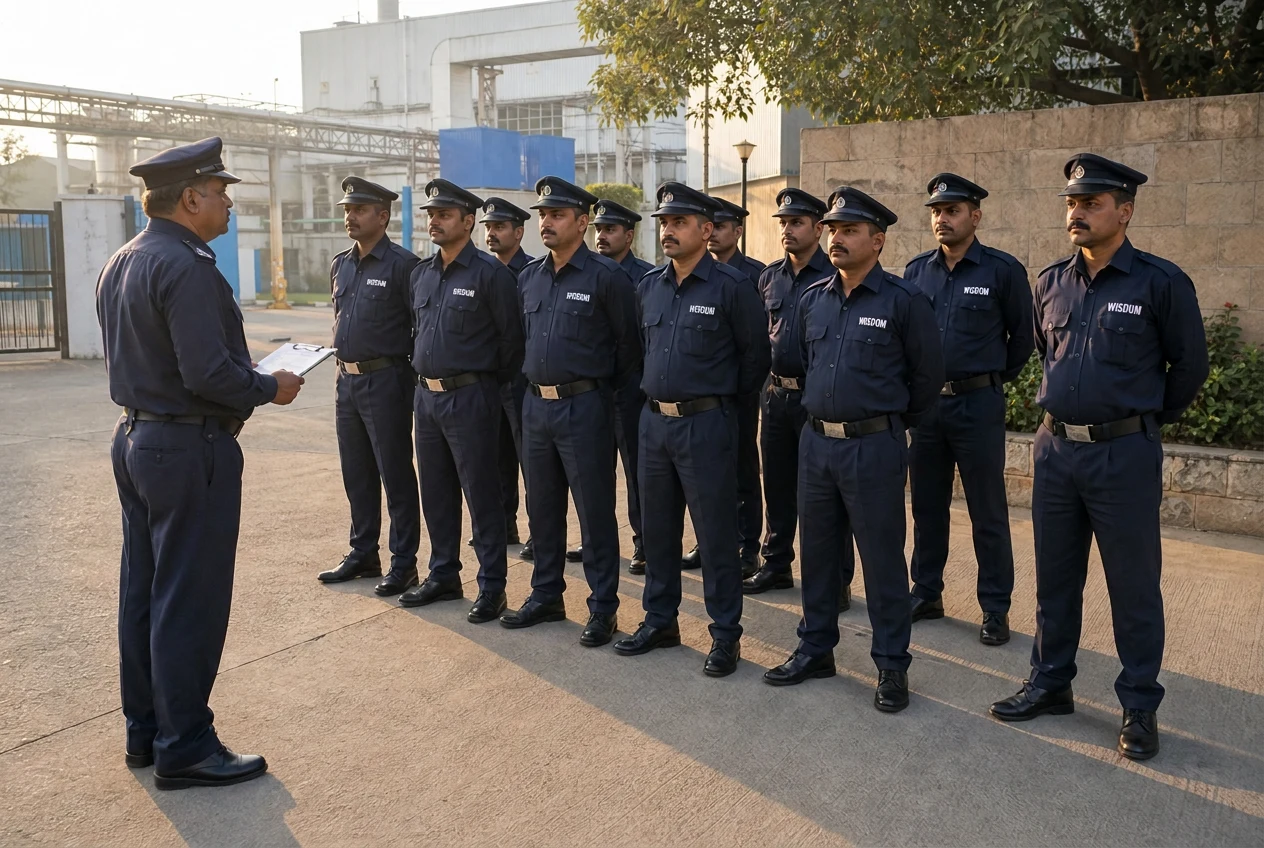 WISDOM security supervisor briefing a line of uniformed WISDOM security guards at an industrial gate