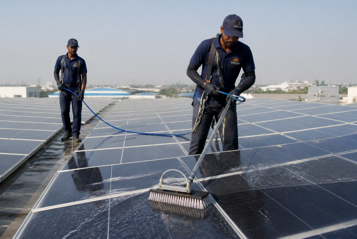 Two WISDOM workers in branded workwear cleaning a row of solar panels with brushes