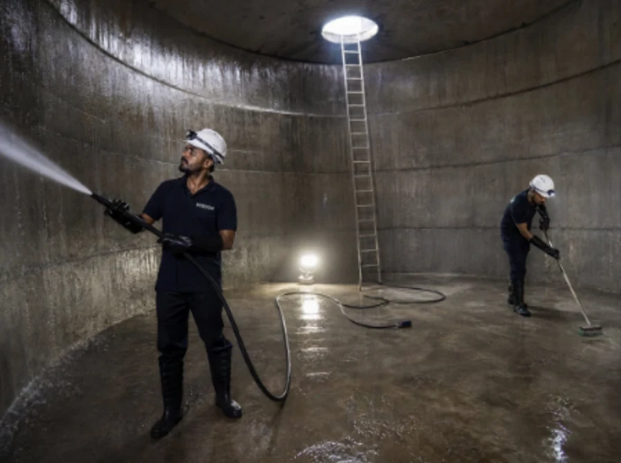 WISDOM workers in helmets and safety gear washing the inside of a large concrete water tank